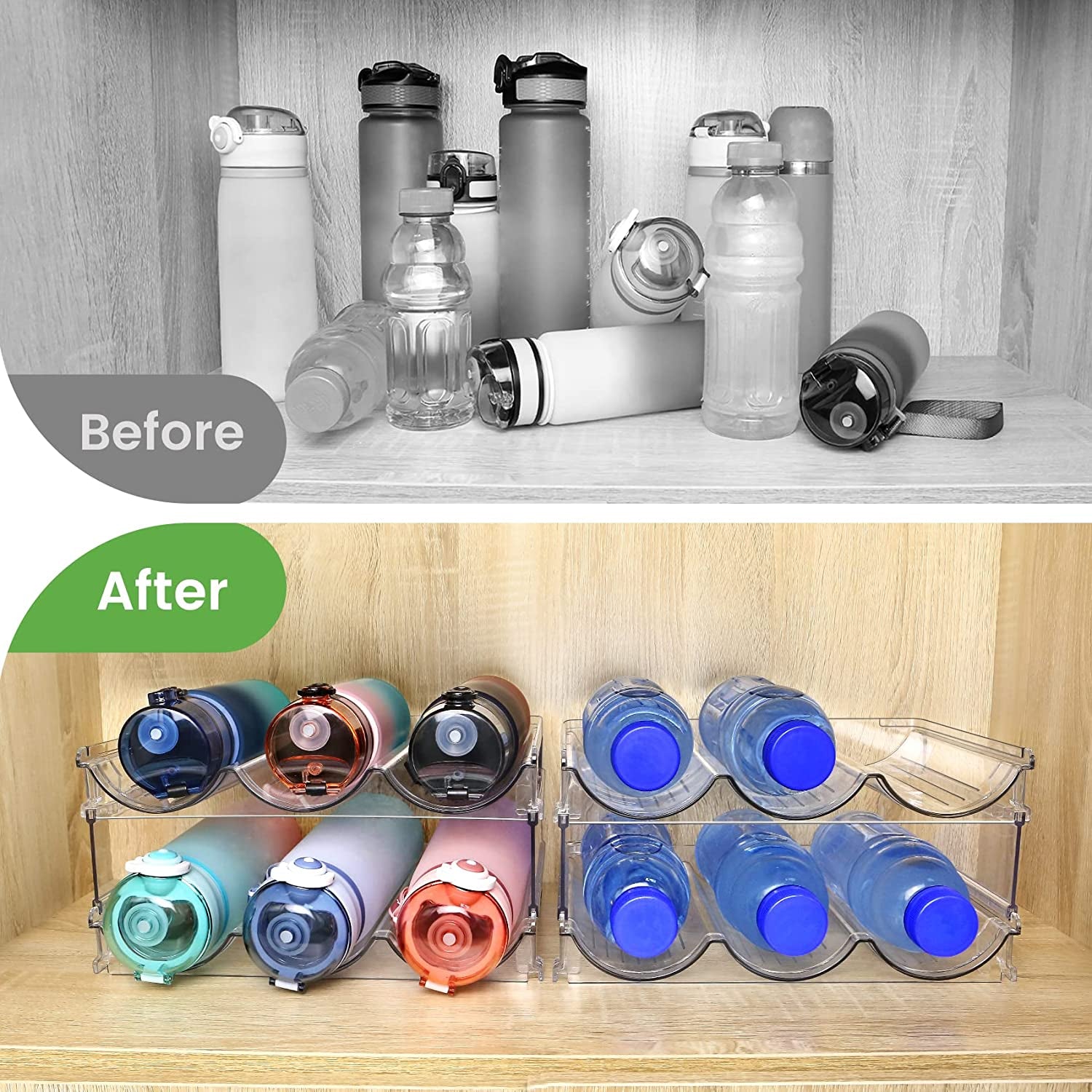 Water Bottle Organizer for Cabinet – Stackable 2-Pack Storage Rack