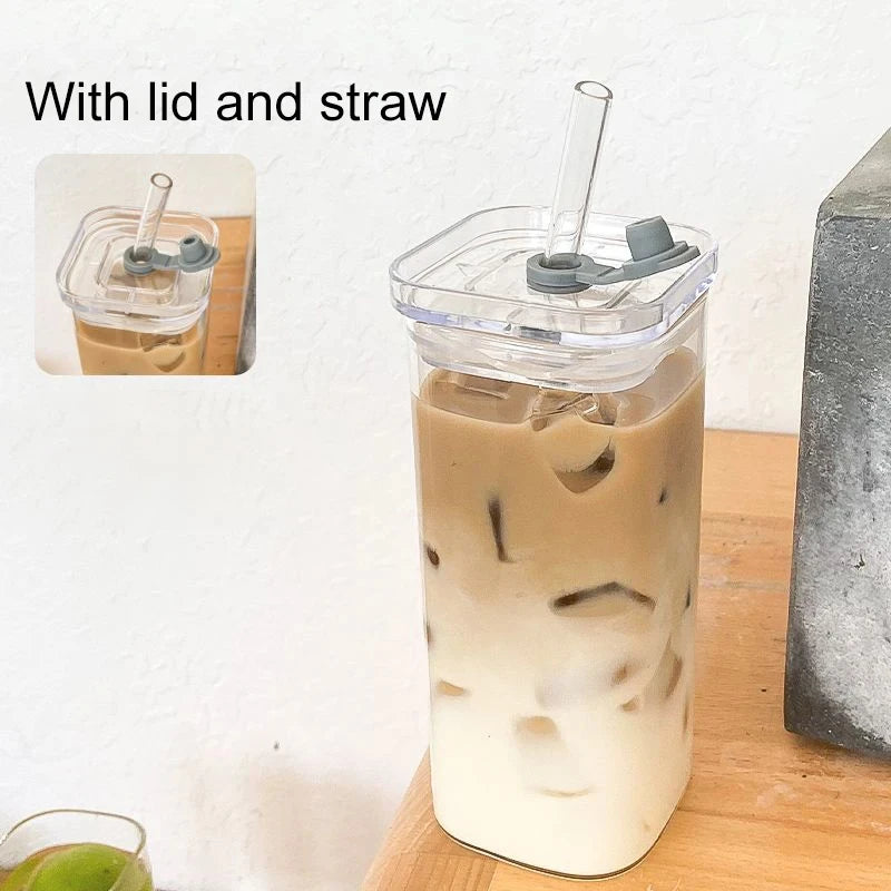 1/2/4/6Pc Square Heat Resistant Coffee Glass Cup with Lid and Straw Transparent Milk Tea Juice Coffee Mug for Home Bar Drinkware
