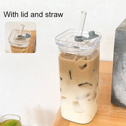 1/2/4/6Pc Square Heat Resistant Coffee Glass Cup with Lid and Straw Transparent Milk Tea Juice Coffee Mug for Home Bar Drinkware