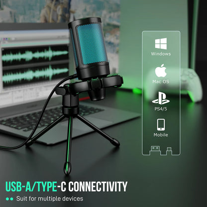 RGB USB Gaming Microphone – Condenser Mic with Touch Mute & Tripod for PC, PS4/PS5 & Laptop Streaming (A2)
