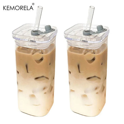 1/2/4/6Pc Square Heat Resistant Coffee Glass Cup with Lid and Straw Transparent Milk Tea Juice Coffee Mug for Home Bar Drinkware