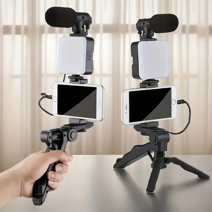 Smartphone Vlogging Kit – Tripod, Mini Microphone, LED Fill Light & Portable Stabilizer for Content Creators