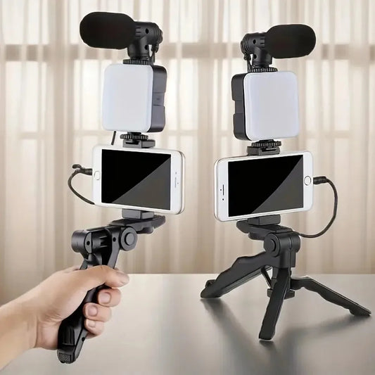 Smartphone Vlogging Kit – Tripod, Mini Microphone, LED Fill Light & Portable Stabilizer for Content Creators