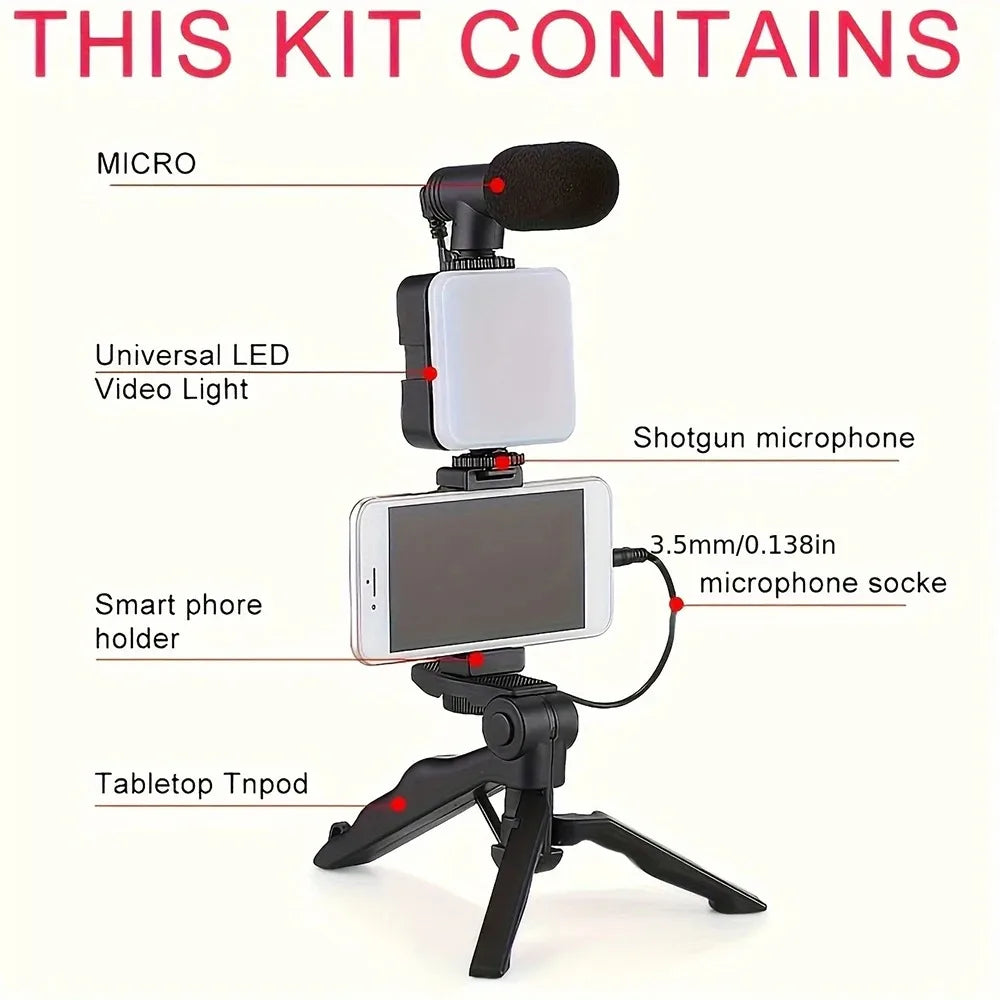 Smartphone Vlogging Kit – Tripod, Mini Microphone, LED Fill Light & Portable Stabilizer for Content Creators