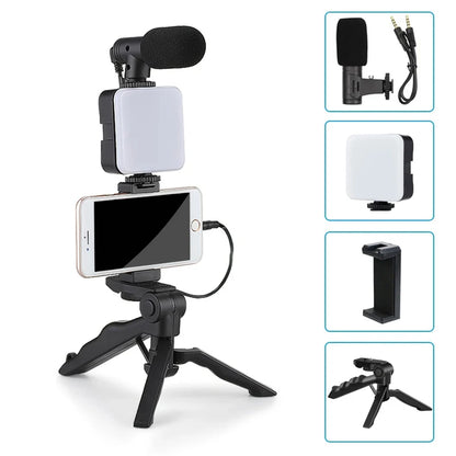 Smartphone Vlogging Kit – Tripod, Mini Microphone, LED Fill Light & Portable Stabilizer for Content Creators