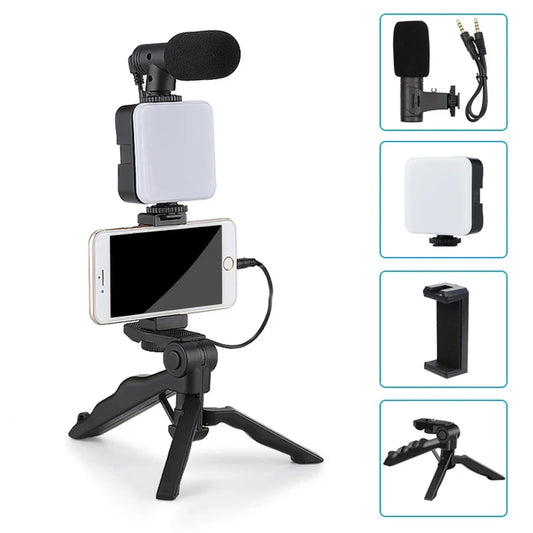 Smartphone Vlogging Kit – Tripod, Mini Microphone, LED Fill Light & Portable Stabilizer for Content Creators