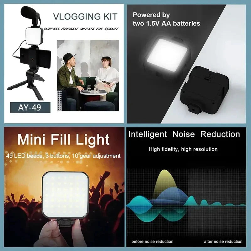 Smartphone Vlogging Kit – Tripod, Mini Microphone, LED Fill Light & Portable Stabilizer for Content Creators