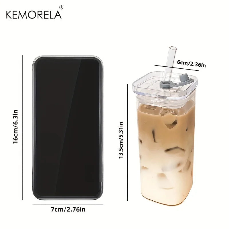 1/2/4/6Pc Square Heat Resistant Coffee Glass Cup with Lid and Straw Transparent Milk Tea Juice Coffee Mug for Home Bar Drinkware