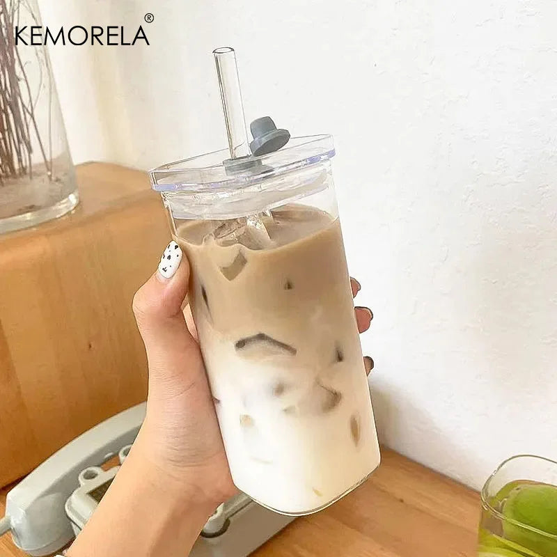 1/2/4/6Pc Square Heat Resistant Coffee Glass Cup with Lid and Straw Transparent Milk Tea Juice Coffee Mug for Home Bar Drinkware