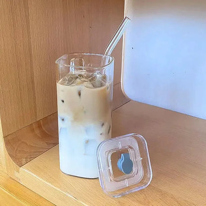 1/2/4/6Pc Square Heat Resistant Coffee Glass Cup with Lid and Straw Transparent Milk Tea Juice Coffee Mug for Home Bar Drinkware